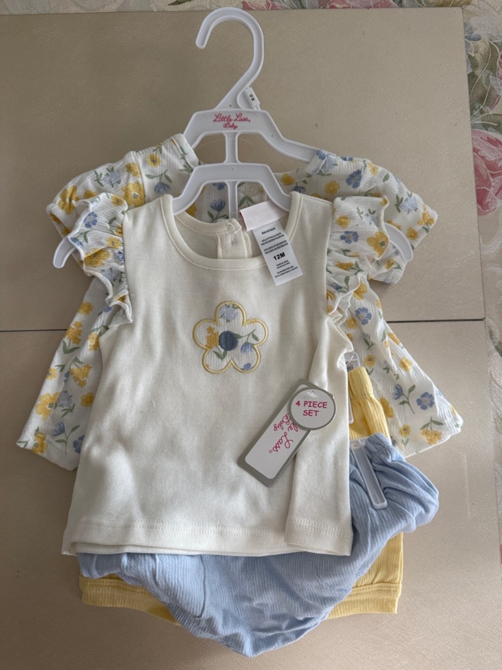 Little Lass Cream, Yellow & Blue 4-Piece Tank Top Set